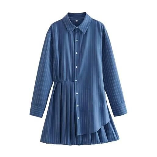 Generic abito chemisier corto a righe blu da donna con maniche lunghe e orlo a pieghe abito asimmetrico da donna-blu scuro-m