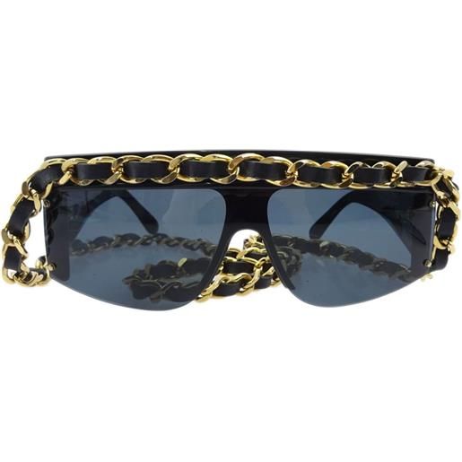 CHANEL Pre-Owned - occhiali da sole con pelle e catena anni '90-2000 - donna - acrilico/placcatura in oro/pelle di vitello - taglia unica - nero