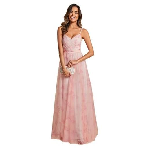 Ever-Pretty abiti da sera estivo lungo donna tulle stampato fionda senza maniche scollo a v stile impero vestito da damigella chic rosa 36