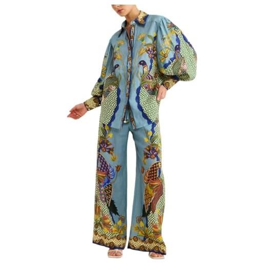 ThiCc abiti da donna in 2 pezzi, stile bohémien, estivo, casual, stampa graffiti, set coordinato con maniche lunghe a lanterna, camicia e pantaloni con tasche hawaiane, #1, 3xl