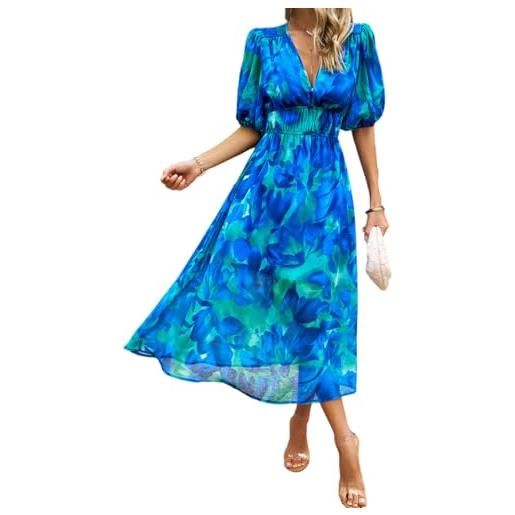 ORANDESIGNE abito casual donna estivi a maniche corte vestito lungo a fiori scollo a v abito vita alta in chiffon elegante vestito spiaggia elasticizzato in vita maxi vestito curvy a verde xl