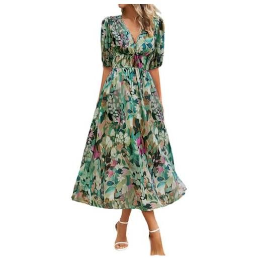 ORANDESIGNE abito casual donna estivi a maniche corte vestito lungo a fiori scollo a v abito vita alta in chiffon elegante vestito spiaggia elasticizzato in vita maxi vestito curvy a blu l