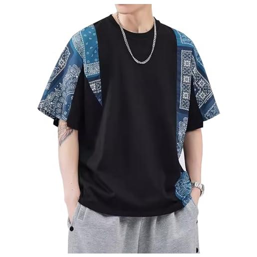 Covisoty t-shirt uomo casual sportiva a maniche corte in cotone stile etnico cinese pannelli unisex magliette nero xl
