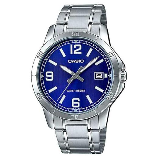 Casio orologio da polso da uomo al quarzo classico cinturino in acciaio inox grigio cassa in ottone display analogico blu - mtp-v004d-2b
