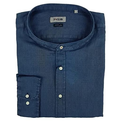 P-Club camicia uomo manica lunga 100% puro lino collo alla coreana tinta unita m l xl xxl 3xl (xxl - blu)