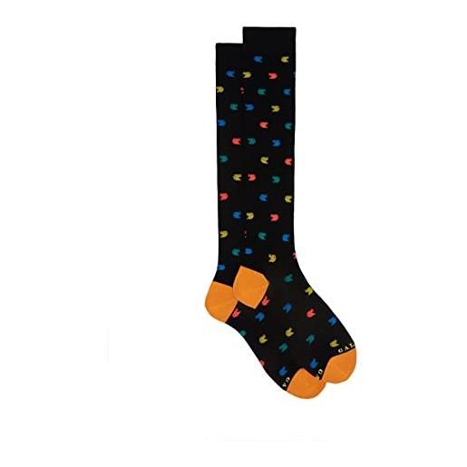 Gallo - calze lunghe uomo cotone leggerissimo nero fantasia piccoli galletti colorati, nero, 40/45