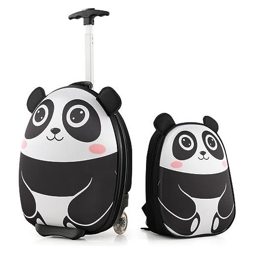 GYMAX trolley per bambini, set di valigia & zaino scuola carino (12+16, panda)
