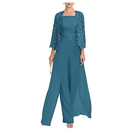 TSxuelian abito da donna lungo tre pezzi chiffon madre della sposa con maniche in pizzo pantaloni formali abito da ballo, lilla, 54