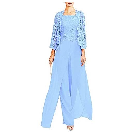 Snow Lotus - abito lungo da donna in chiffon, con maniche a 3/4, composto da 3 pezzi, abito elegante da ballo, per mamma della sposa, blu polvere. , 50
