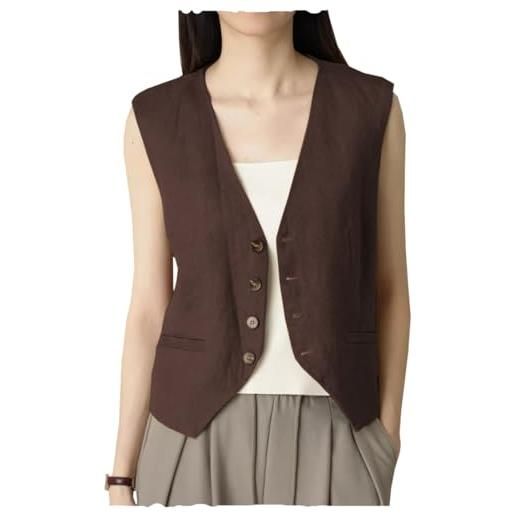 AeoTeokey gilet estivo da donna in lino, con scollo a v, monopetto, casual, per affari, azzurro, l