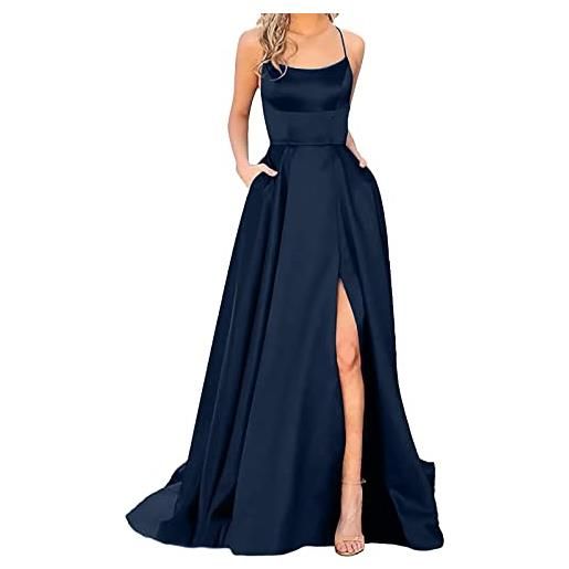 Generic abito da sera da donna con spacco laterale e cinturino in raso incrociato senza schienale con tasche lungo estate sexy maxi vestito elegante dividere vestiti da cerimonia per party cocktail festive