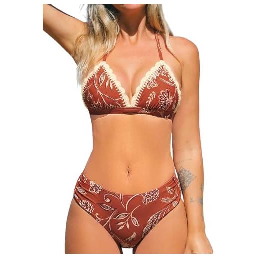 CUPSHE bikini da donna set due pezzi costume da bagno a vita alta halter triangolo top scollo a v smerlato uncinetto, motivo floreale rosso. , l
