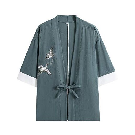 Prijouhe - cardigan kimono da uomo, stile giapponese, in cotone e lino, a sette maniche, leggero - - l