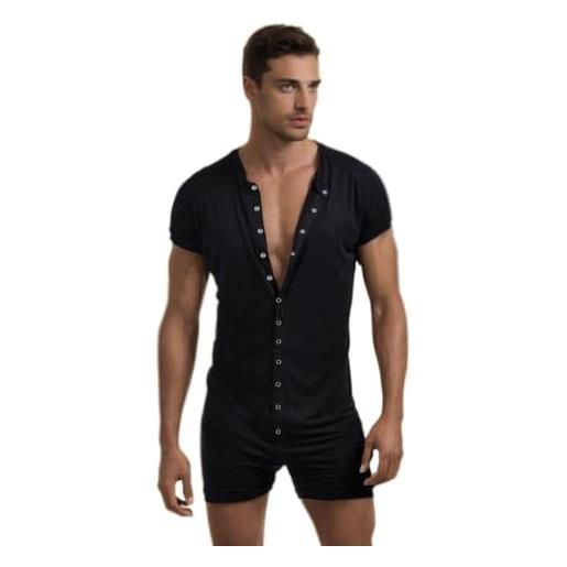 Caxndycing Pigiama da uomo trasparente in rete, pigiama corto, sexy, da notte, con bottoni, a maniche corte, per il tempo libero, grigio., XL