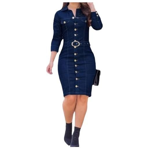 EGSDMNVSQ donna abito in denim abito midi a maniche lunghe abito a camicia in denim gonna aderente a tubino con bottoni abito da festa al ginocchio abito a camicetta con scollo a v abiti a tunica