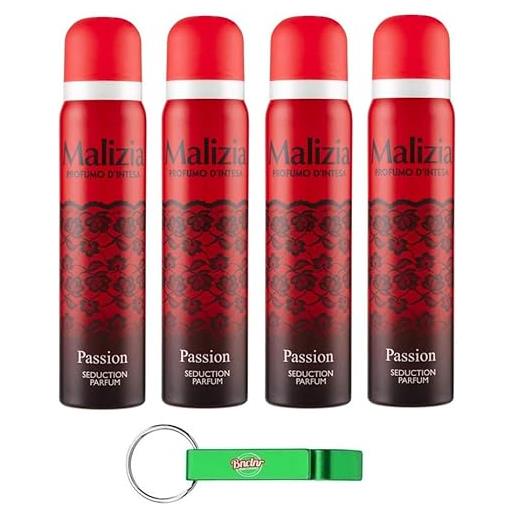 Beni Culinari 4 deodorante malizia donna passion seduction profumo, deodorante spray da donna, 100 ml + portachiavi gratuito Beni Culinari
