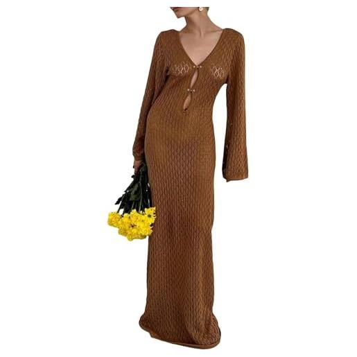 CheJooe maxi abito da donna all'uncinetto, a maniche lunghe, aderente, abito lungo traforato, estivo, spiaggia, vacanze, bikini, caffè a maglia, m