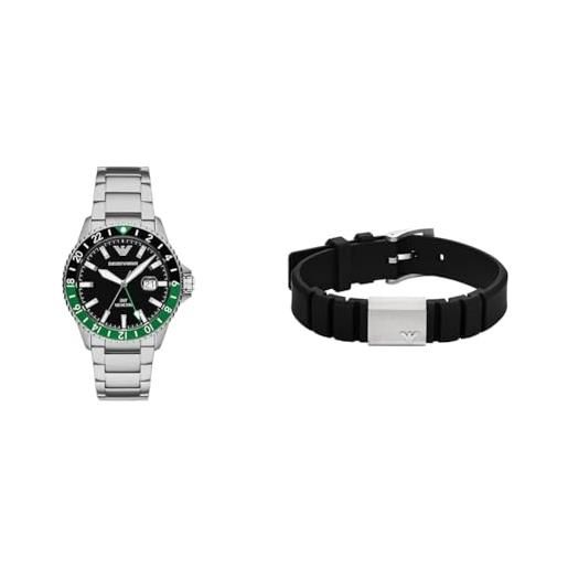 Emporio armani orologio uomo in acciaio inossidabile argento e bracciale in silicone nero, set