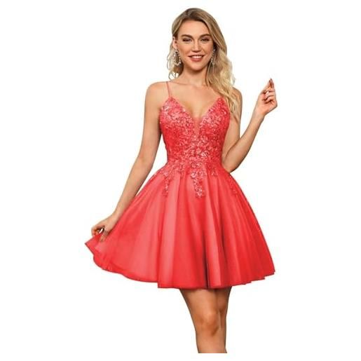 Beyonddress tulle abiti da sera per le donne corto pizzo homecoming abiti applique glitter paillette mini abito da ballo, colore: rosso, 54