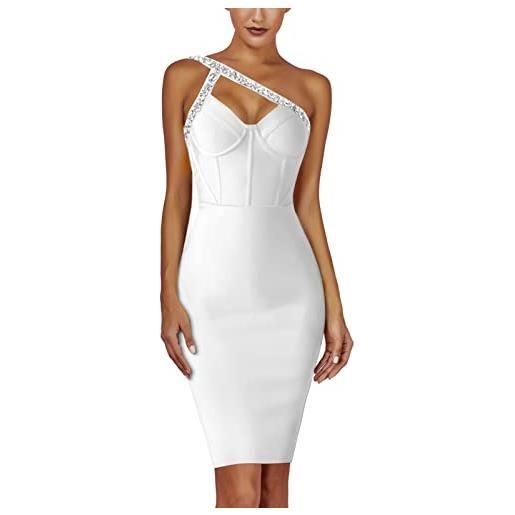 Maketina abito da donna con strass monospalla fasciatura midi bodycon dress cocktail party, bianco, m