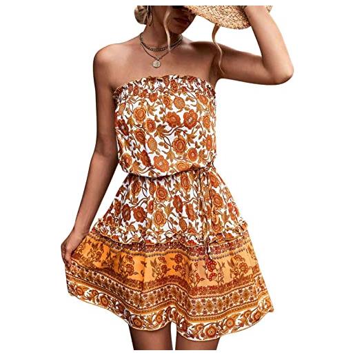 Greensen abito senza spalline da donna, abito a tubino a fascia vintage da donna, abito corto estivo con stampa floreale da donna, abito a spalle scoperte con orlo allentato dolce ed elegante per lo(m-arancia)