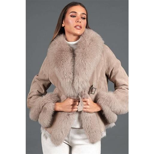 D'Arienzo giacca in montone scamosciato beige con colletto in volpe D'Arienzo