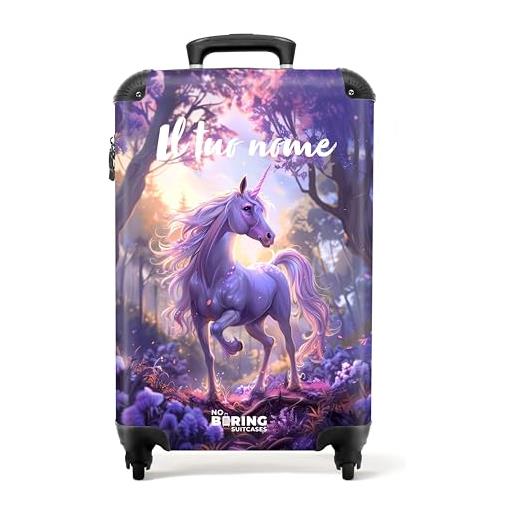 NoBoringSuitcases.com valigia bambina trolley personalizzabile, bagaglio a mano, 55x40x20 cm (unicorno, fiori - viola)