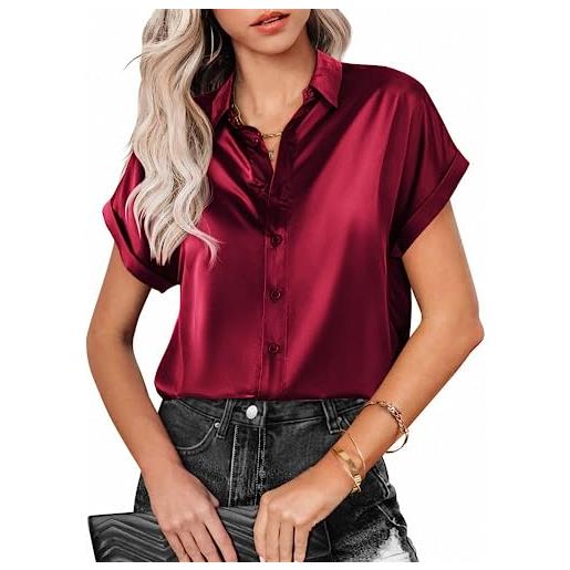 ROGNER camicetta in seta per donna camicie abbottonate in raso a maniche corte casual scollo a v ampio tunica da lavoro top camicette da ufficio top in seta casual da lavoro vestibilità slim