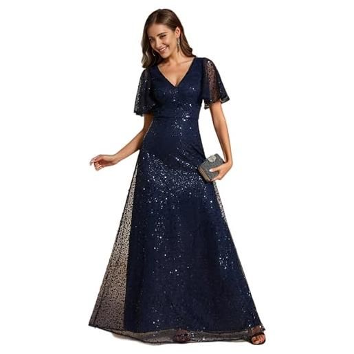 Ever-Pretty abiti da sera lungo donna maniche a volant paillettes scollo a v linea a stile impero vestito scintillante da ballo blu navy 44