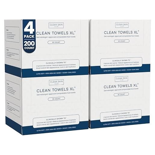 Clean skin club clean towels xl, 100% usda biobased dermatologo approvato asciugamani viso, monouso clinicamente testato, salviette asciutte struccanti, ultra morbido, 200 ct, confezione da 4