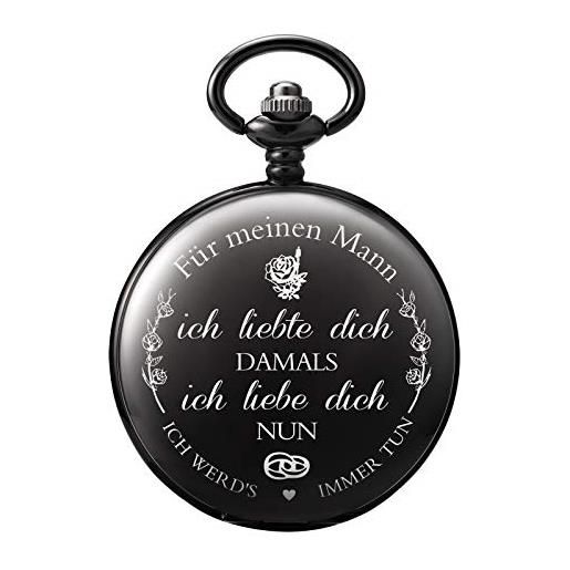 TREEWETO orologio da taschino con incisione, collana da uomo, nero/bronzo, regalo di compleanno, anniversario di matrimonio, marito, nero , nan