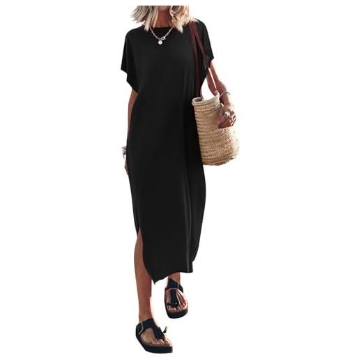 Yousify maxi abito estivo da donna, maniche ad aletta, girocollo, casual, con spacco laterale, lungo, per spiaggia e vacanze, 01-nero, s