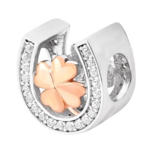 JiaRong Charms fit Pandora Charm Bracele ciondolo a forma di ferro di cavallo, charm portafortuna in amore, in argento sterling 925, colore oro rosa, per braccialetti pandora a