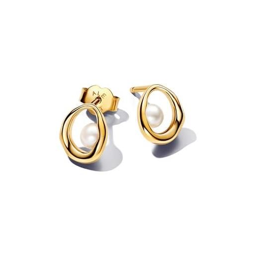PANDORA essence orecchini a bottone placcati in oro 14k con perla coltivata d'acqua dolce trattata bianca, small circular orecchini a bottone