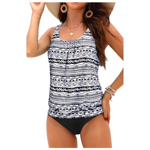 Yonique blouson tankini costumi da bagno per le donne loose fit floreale stampato modesto due pezzi costumi da bagno, nero e bianco, l