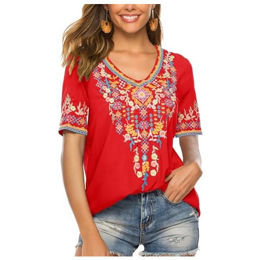 drakloak draklook donne camicetta da ricamo bohemian autunno tunica ricamo folklore tops camicia scollo a v estate tunica camicette boho hippie manica corta loose top（443 nero 3xl）