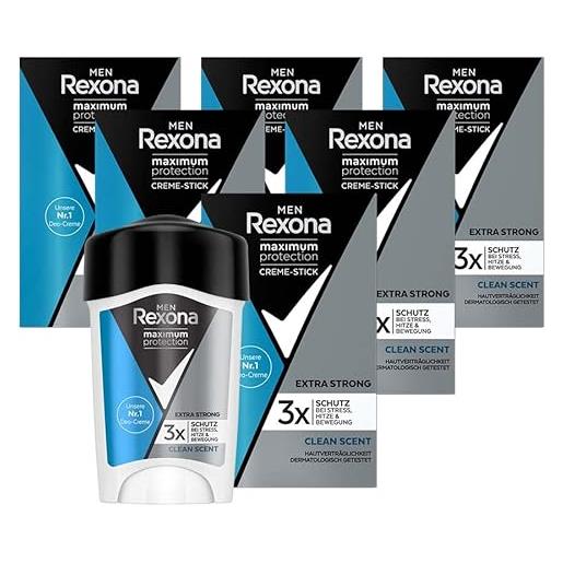 Rexona men maximum protection anti transpirant crema deodorante clean scent con 48 ore di protezione contro sudorazione forte e odori corporei, 45 ml, 6 pezzi