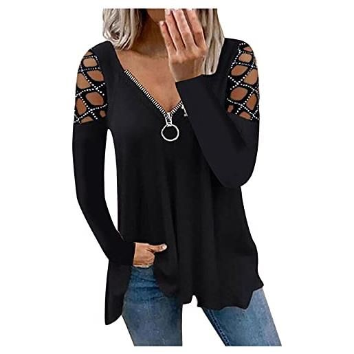 CCOOfhhc maglietta da donna, casual, a maniche lunghe, con scollo a v, con chiusura lampo, per il tempo libero, la primavera, l'autunno, a maniche lunghe, taglie grandi, casual, tinta unita, e nero. , xl