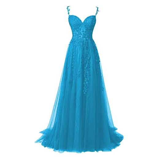 QSICO abito da sera da donna in tulle, elegante, in pizzo, per ballo, lungo split, blu, 50