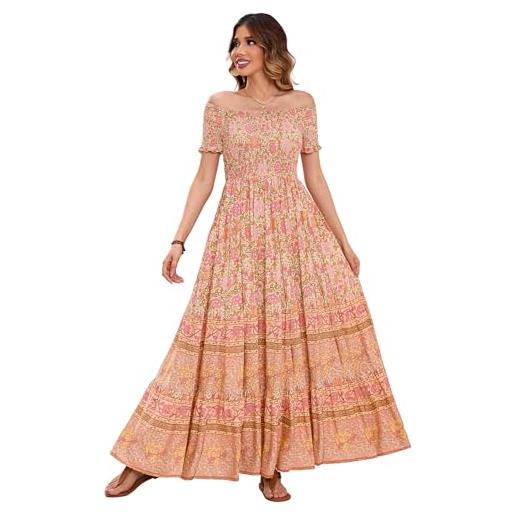 R.Vivimos estate donne boho floreale off shoulder maxi vestito manica corta smock flowy abito lungo spiaggia(m, tan)