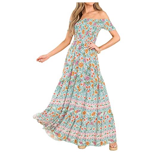 R.Vivimos estate donne boho floreale off shoulder maxi vestito manica corta smock flowy abito lungo spiaggia(xl, tan)