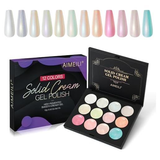 AIMEILI 12 colori crema budino solida gel smalto palette, effetto perla neon smalti semipermanente per unghie uv led soak off nail gel polish, set 13