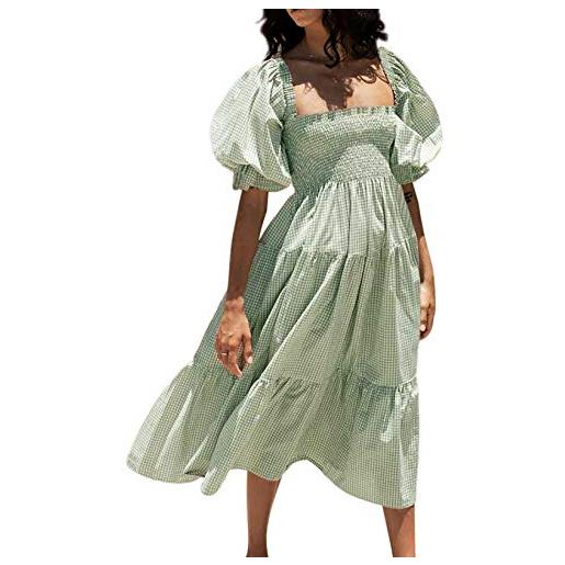 R.Vivimos estate delle donne boho manica lunga cravatta vita quadrata collare abito midi con volant elegante vestito casual per le vacanze(m, verde)