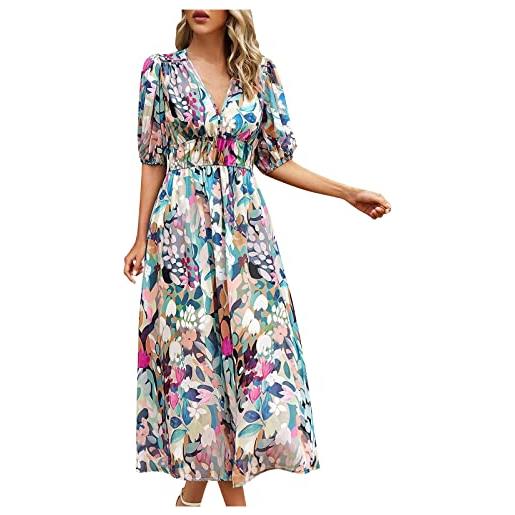 Masrin abito estivo da donna, elegante, motivo geometrico, maxi abito a maniche corte, scollo a v, linea ad a, elastico in vita, per feste, pancia, skater, doppio strato, patchwork, blu, l