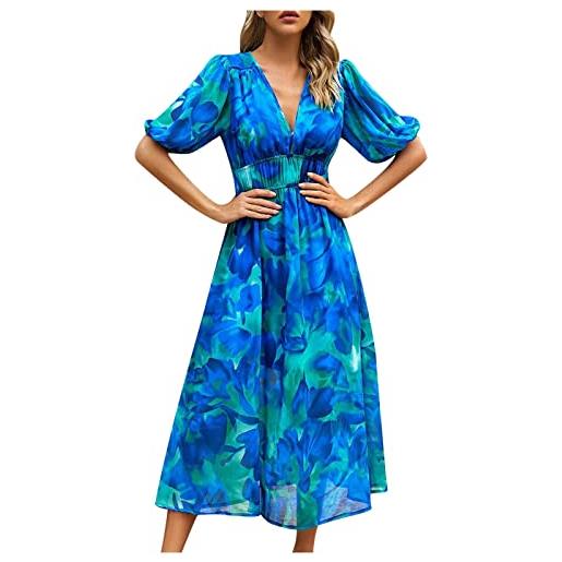 Masrin abito estivo da donna, elegante, motivo geometrico, maxi abito a maniche corte, scollo a v, linea ad a, elastico in vita, per feste, pancia, skater, doppio strato, patchwork, blu, l