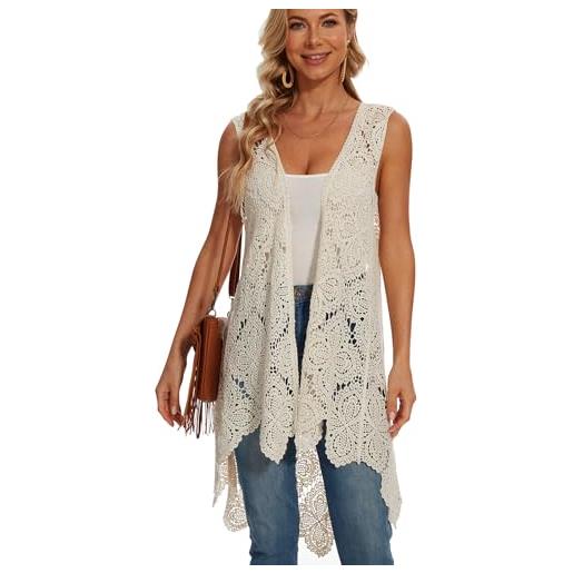 SMDPPWDBB cardigan da donna all'uncinetto in pizzo floreale boho senza maniche kimono con orlo irregolare, beige, taglia unica