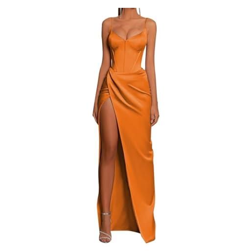 WSEYU abiti da ballo in raso per donne spalline sottili abito da ballo a sirena con scollo a v spacco abito da sera formale, arancione, 44