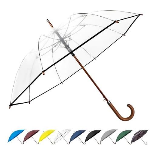 SoulRain - grande ombrello trasparente a bolle da 122 cm, antivento, per pioggia, apertura automatica, ombrello da matrimonio per donne e uomini, bastone vintage in legno, trasparente