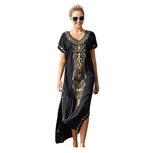 Landove vestiti lunghi donna etnici hippie boho chic abiti con spacco laterale eleganti vestito da spiaggia giorno casual caftano lungo kaftano indiano tunica taglie forti copricostime pareo zscpdn0460bk