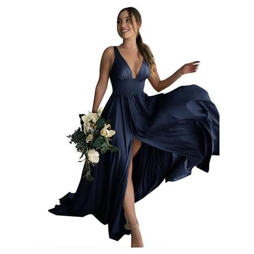 BABYONLINE D.R.E.S.S. abito da sera da cocktail, da donna, stile classico, lungo in vita, con scollo a v, con spacco, blu marino, 44